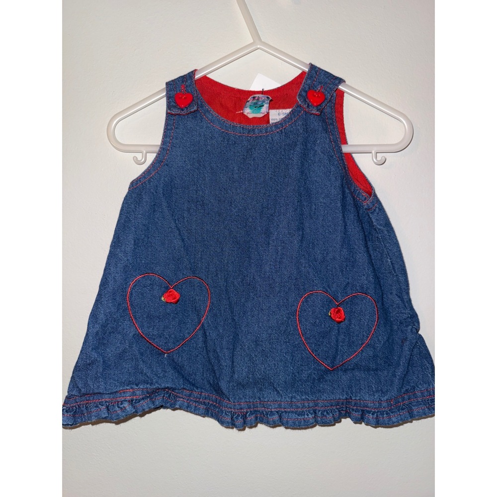 Little Lindsey Vintage Denim Heart Jumper Dress Blue Red Rosette Baby Girls 6-9M